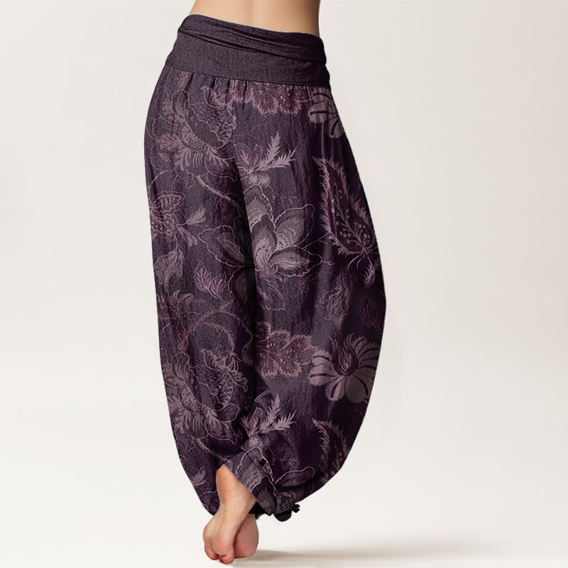 Pantalon sarouel décontracté en pur coton à motif floral et feuilles pour femme, taille élastique, Buddha Stones