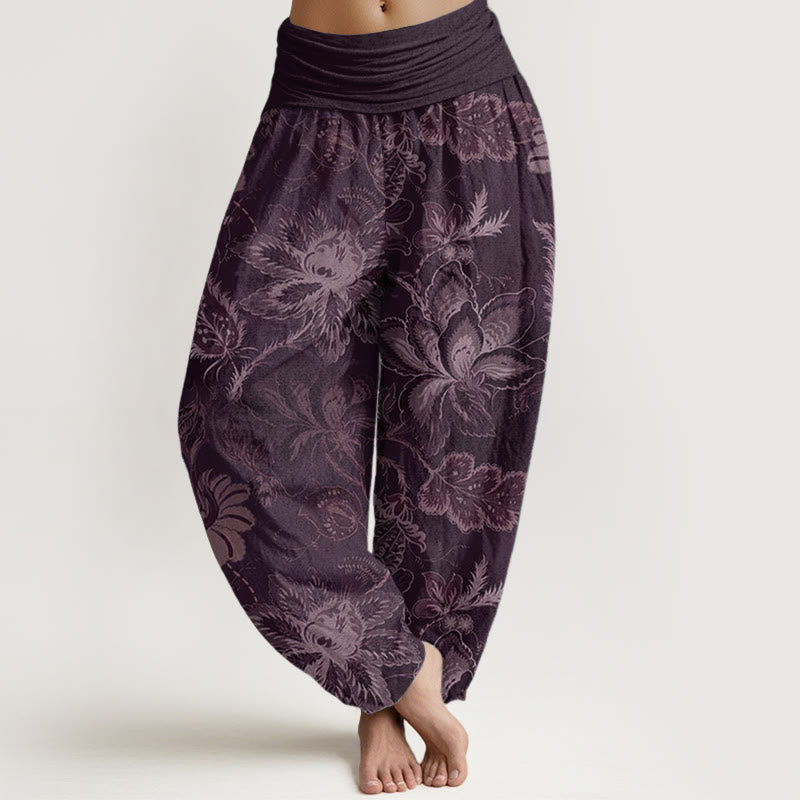 Pantalon sarouel décontracté en pur coton à motif floral et feuilles pour femme, taille élastique, Buddha Stones - Violet - US22，UK/AU26，EU54 (6XL) - image 8