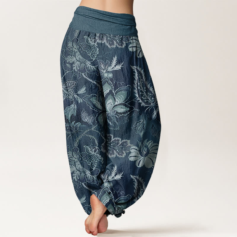Pantalon sarouel décontracté en pur coton à motif floral et feuilles pour femme, taille élastique, Buddha Stones