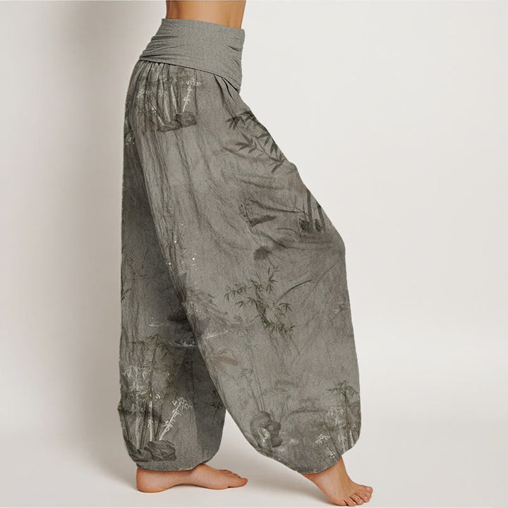 Pantalon sarouel décontracté en pur coton avec Buddha Stones et encre de roche de bambou pour femme, taille élastique - image 9