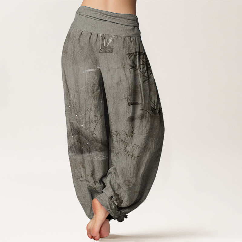 Pantalon sarouel décontracté en pur coton avec Buddha Stones et encre de roche de bambou pour femme, taille élastique - image 8