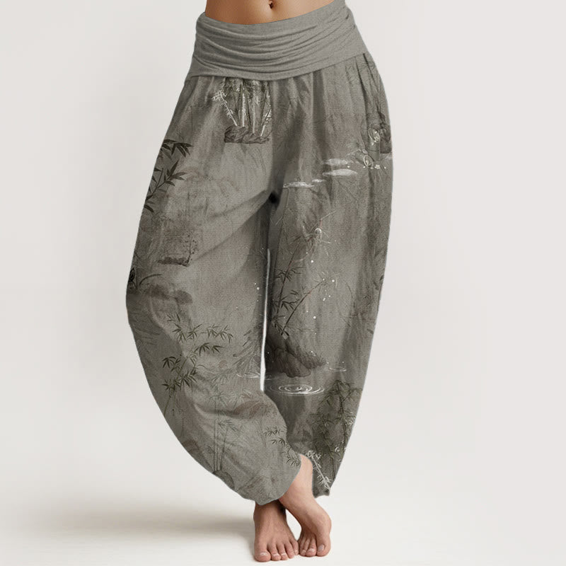 Pantalon sarouel décontracté en pur coton avec Buddha Stones et encre de roche de bambou pour femme, taille élastique - Tanné - US22，UK/AU26，EU54 (6XL) - image 7