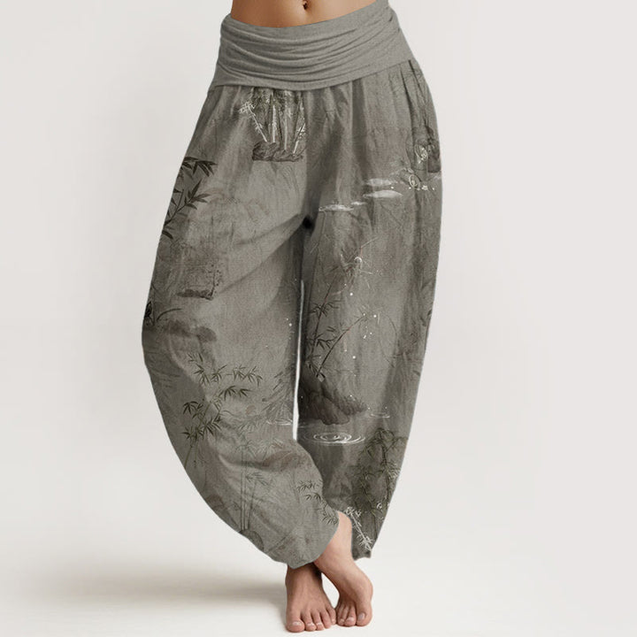 Pantalon sarouel décontracté en pur coton avec Buddha Stones et encre de roche de bambou pour femme, taille élastique - Tanné - US22，UK/AU26，EU54 (6XL) - image 7