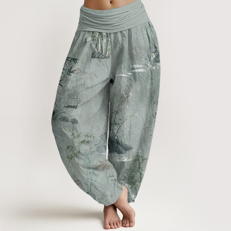 Pantalon sarouel décontracté en pur coton avec Buddha Stones et encre de roche de bambou pour femme, taille élastique - Vert foncé - US22，UK/AU26，EU54 (6XL) - image 10