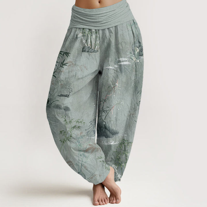 Pantalon sarouel décontracté en pur coton avec Buddha Stones et encre de roche de bambou pour femme, taille élastique - Vert foncé - US22，UK/AU26，EU54 (6XL) - image 10