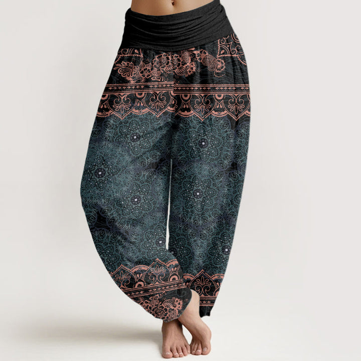 Pantalon sarouel élégant en pur coton avec motif de fleurs mandalas et Buddha Stones pour femme, taille élastique