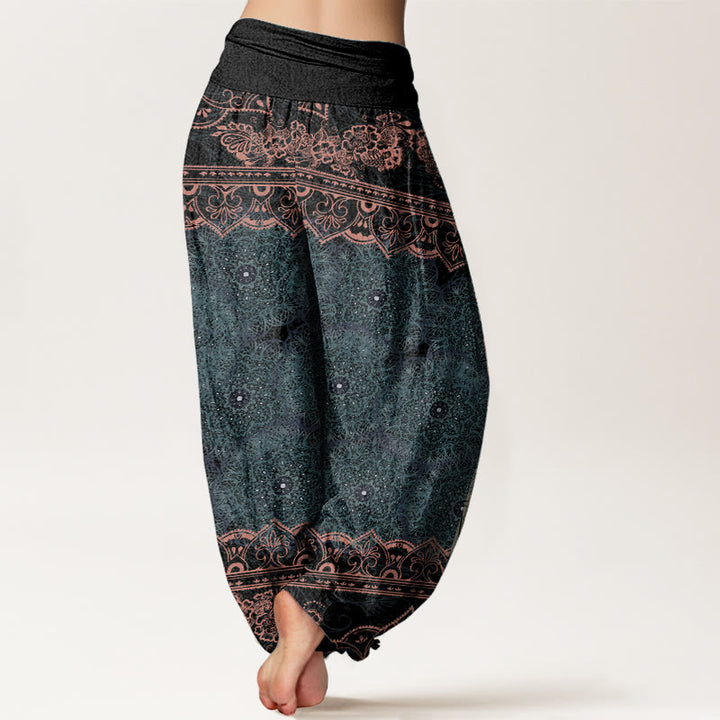 Pantalon sarouel élégant en pur coton avec motif de fleurs mandalas et Buddha Stones pour femme, taille élastique