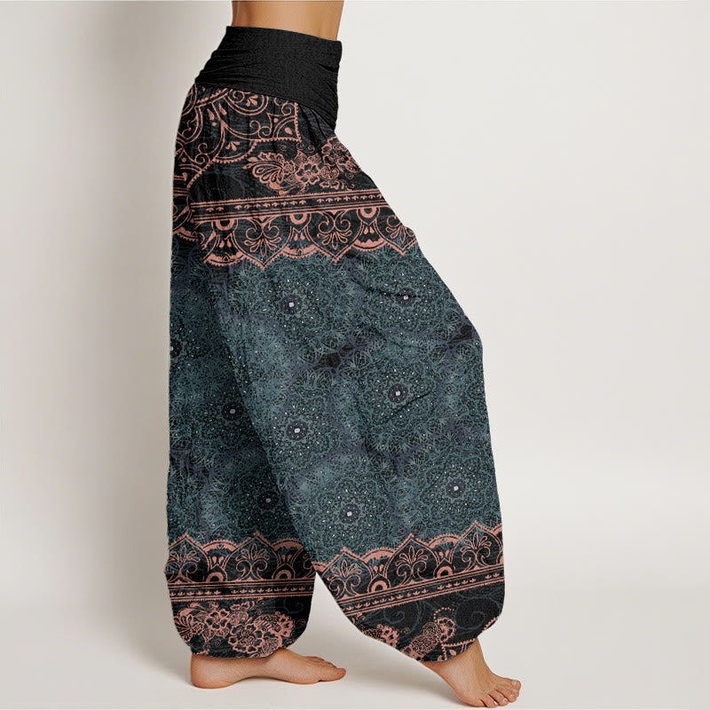 Pantalon sarouel élégant en pur coton avec motif de fleurs mandalas et Buddha Stones pour femme, taille élastique