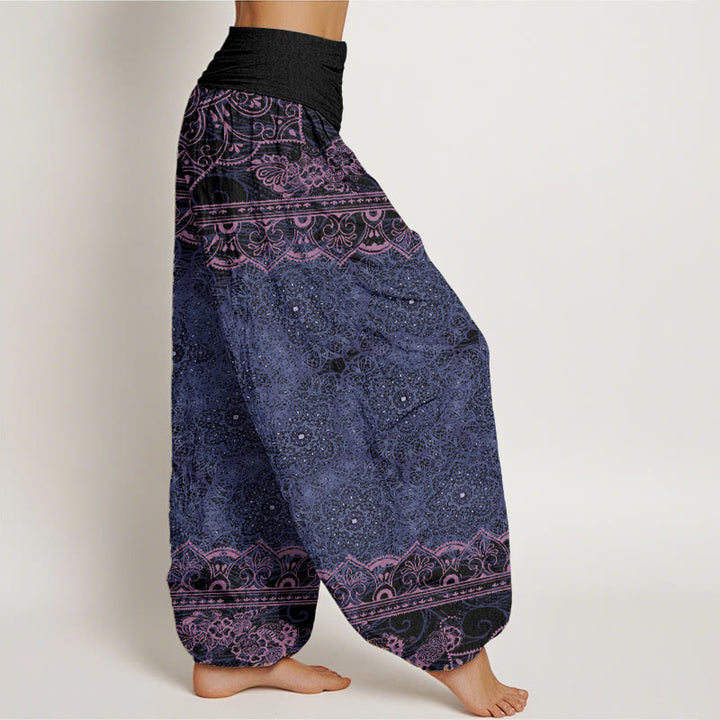 Pantalon sarouel élégant en pur coton avec motif de fleurs mandalas et Buddha Stones pour femme, taille élastique