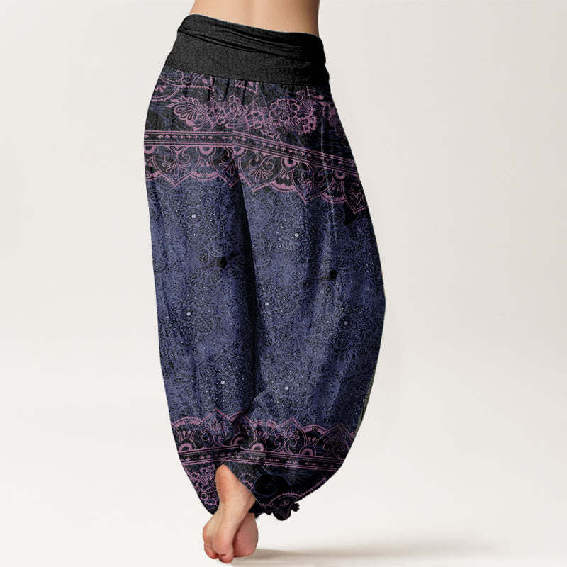 Pantalon sarouel élégant en pur coton avec motif de fleurs mandalas et Buddha Stones pour femme, taille élastique