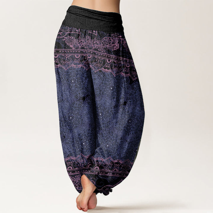 Pantalon sarouel élégant en pur coton avec motif de fleurs mandalas et Buddha Stones pour femme, taille élastique
