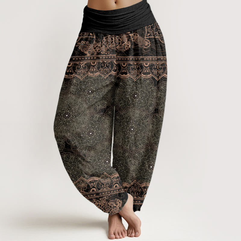 Pantalon sarouel élégant en pur coton avec motif de fleurs mandalas et Buddha Stones pour femme, taille élastique