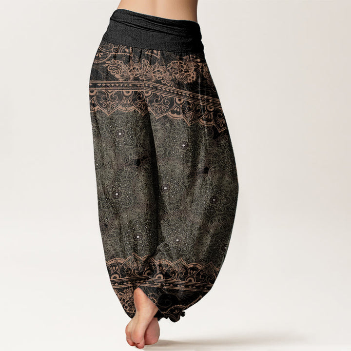 Pantalon sarouel élégant en pur coton avec motif de fleurs mandalas et Buddha Stones pour femme, taille élastique