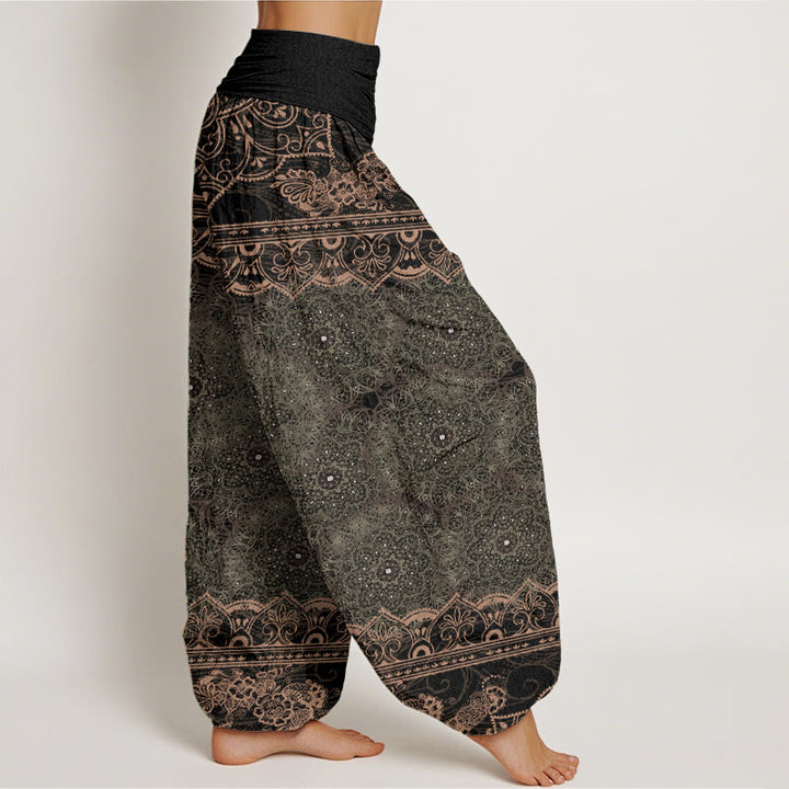 Pantalon sarouel élégant en pur coton avec motif de fleurs mandalas et Buddha Stones pour femme, taille élastique