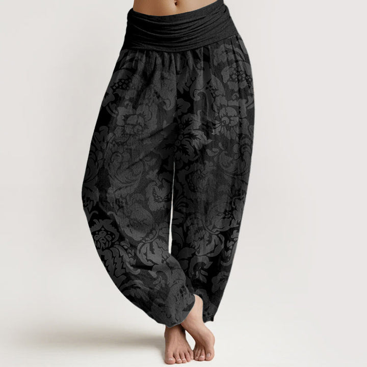 Pantalon Buddha Stones décontracté en pur coton avec motif de fleurs et de feuilles pour femme, taille élastique - Noir - US22，UK/AU26，EU54 (6XL) - image 5