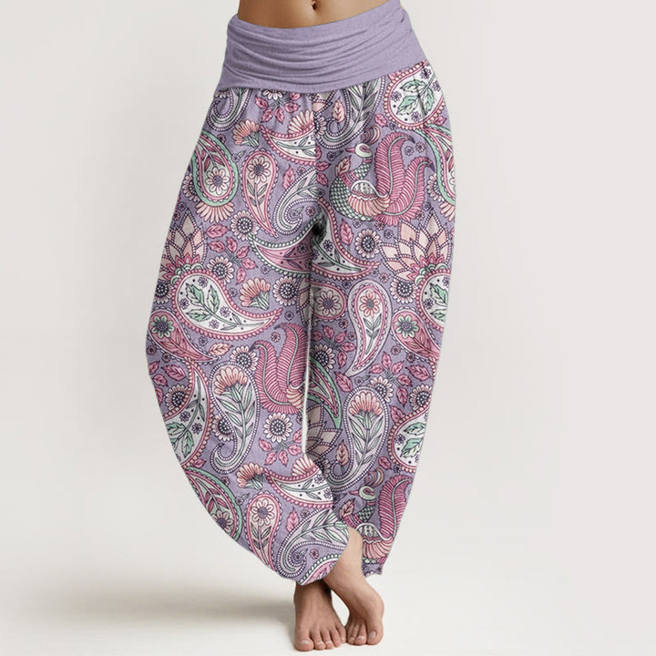Pantalon Buddha Stones taille élastique pour femme en pur coton avec motif de fleurs de cajou, de paon et de tournesol