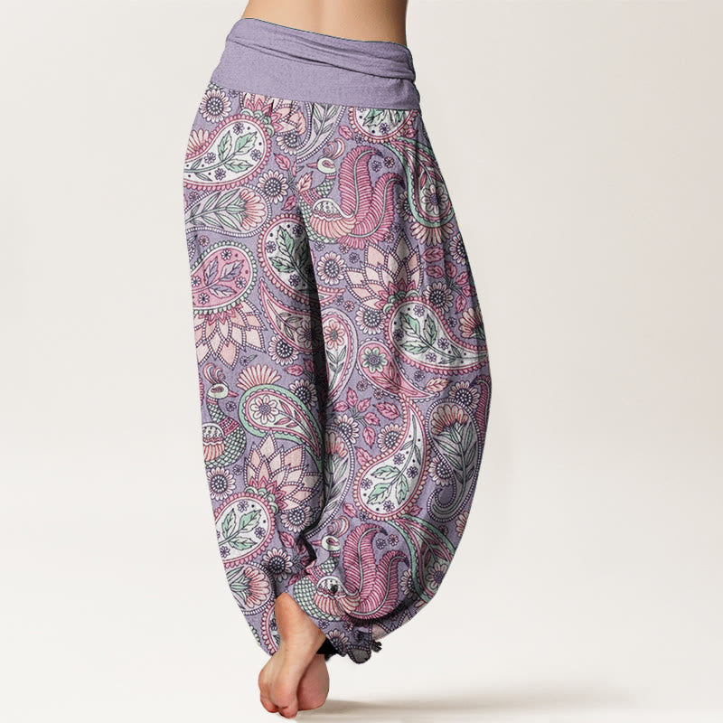 Pantalon Buddha Stones taille élastique pour femme en pur coton avec motif de fleurs de cajou, de paon et de tournesol