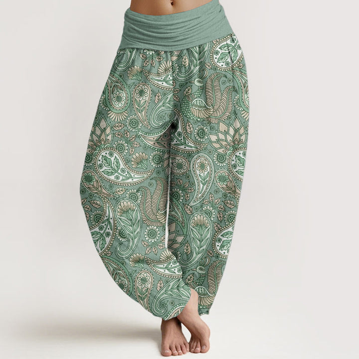 Pantalon Buddha Stones taille élastique pour femme en pur coton avec motif de fleurs de cajou, de paon et de tournesol