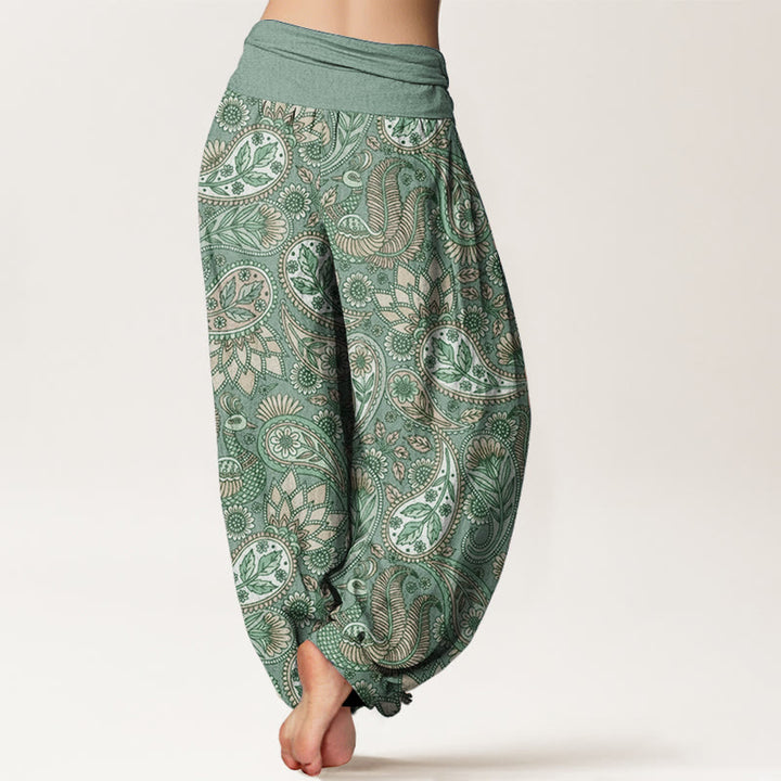Pantalon Buddha Stones taille élastique pour femme en pur coton avec motif de fleurs de cajou, de paon et de tournesol