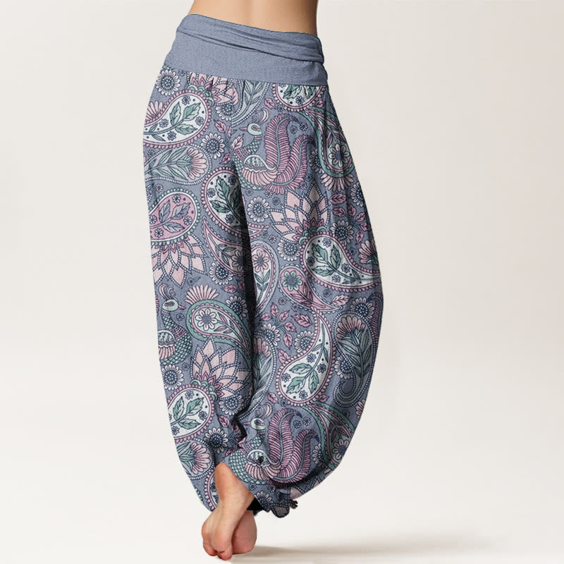 Pantalon Buddha Stones taille élastique pour femme en pur coton avec motif de fleurs de cajou, de paon et de tournesol