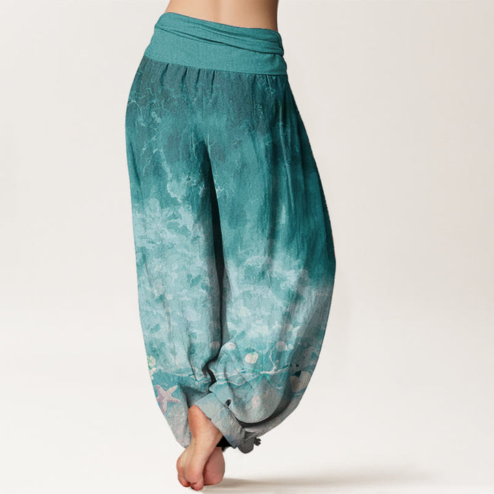 Pantalon sarouel taille élastique en pur coton avec motif océan et Buddha Stones