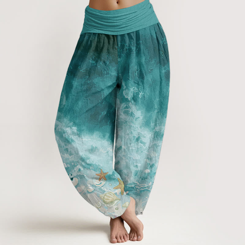 Pantalon sarouel taille élastique en pur coton avec motif océan et Buddha Stones - Vert clair - US22，UK/AU26，EU54 (6XL) - image 0