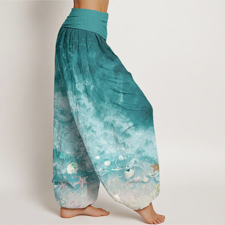 Pantalon sarouel taille élastique en pur coton avec motif océan et Buddha Stones