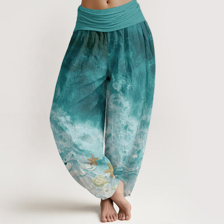 Pantalon sarouel taille élastique en pur coton avec motif océan et Buddha Stones