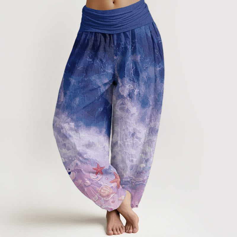 Pantalon sarouel taille élastique en pur coton avec motif océan et Buddha Stones