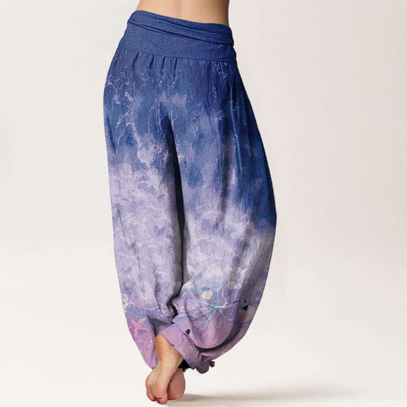 Pantalon sarouel taille élastique en pur coton avec motif océan et Buddha Stones
