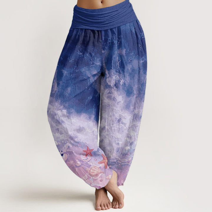 Pantalon sarouel taille élastique en pur coton avec motif océan et Buddha Stones - Violette sombre - US22，UK/AU26，EU54 (6XL) - image 9