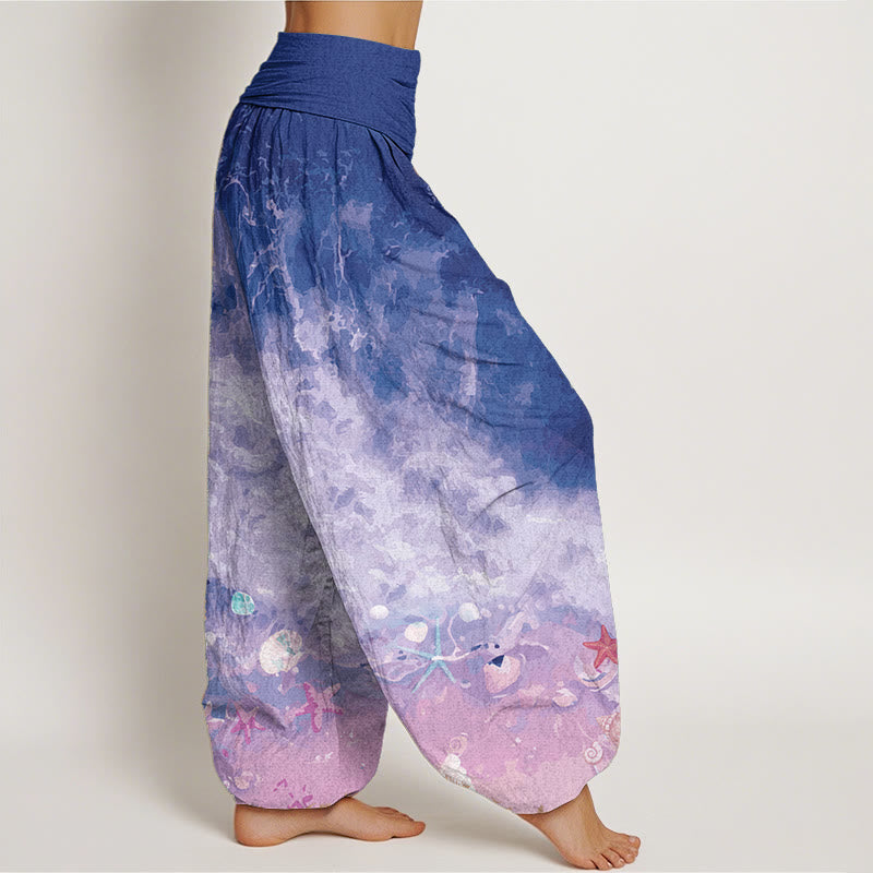 Pantalon sarouel taille élastique en pur coton avec motif océan et Buddha Stones