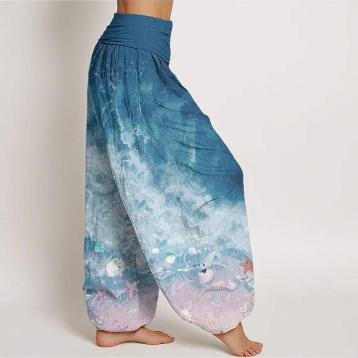 Pantalon sarouel taille élastique en pur coton avec motif océan et Buddha Stones