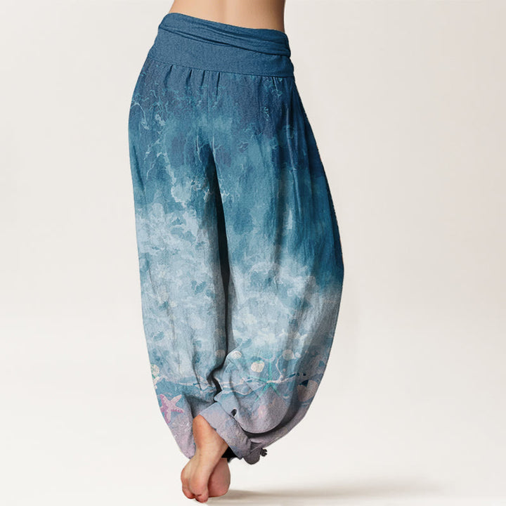 Pantalon sarouel taille élastique en pur coton avec motif océan et Buddha Stones
