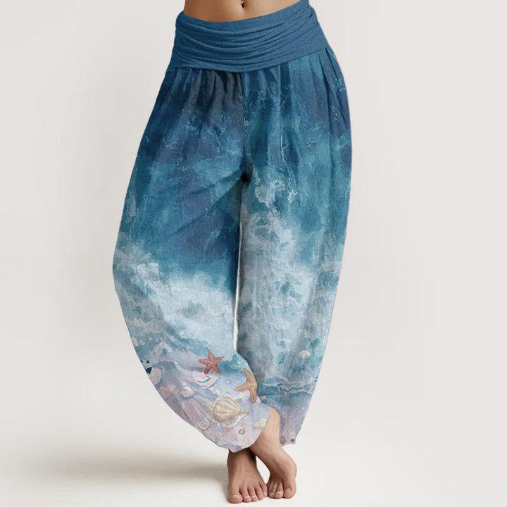 Pantalon sarouel taille élastique en pur coton avec motif océan et Buddha Stones - SteelBlue - US22，UK/AU26，EU54 (6XL) - image 6