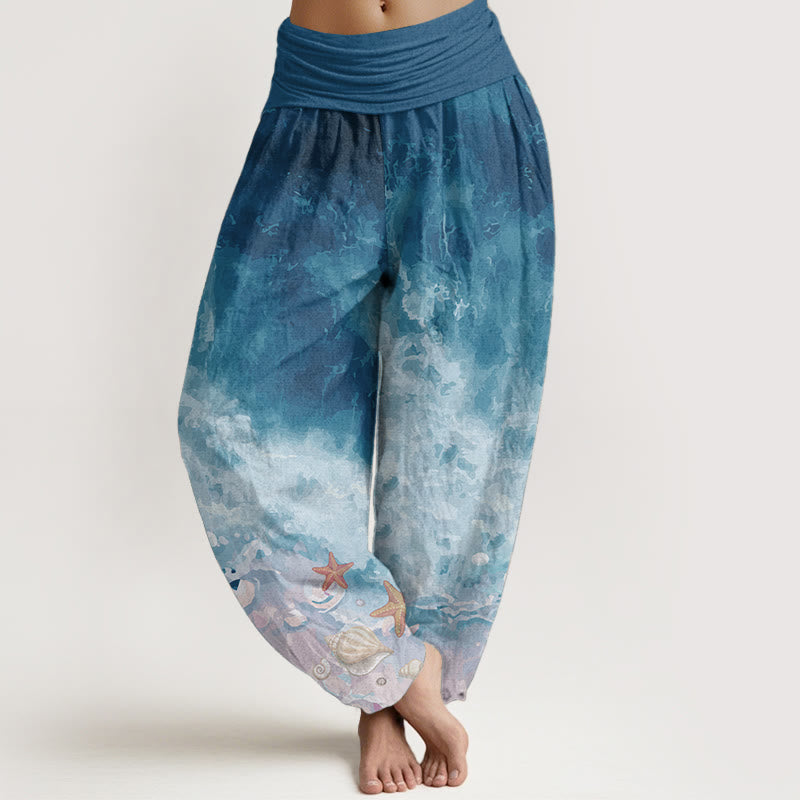 Pantalon sarouel taille élastique en pur coton avec motif océan et Buddha Stones