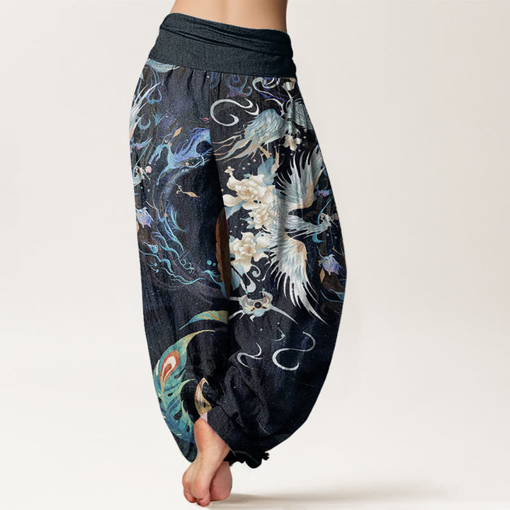 Pantalon sarouel taille élastique en pur coton avec motif de fleurs de phénix et Buddha Stones pour femme