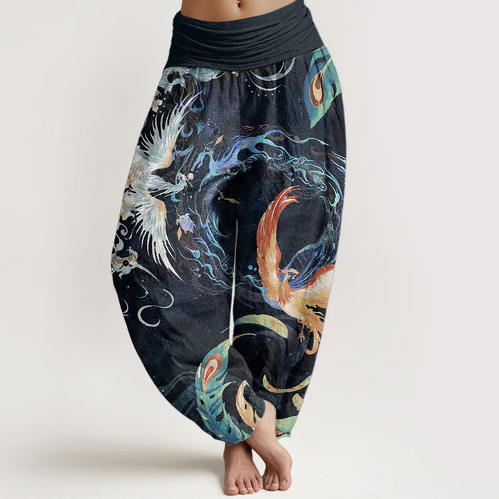 Pantalon sarouel taille élastique en pur coton avec motif de fleurs de phénix et Buddha Stones pour femme