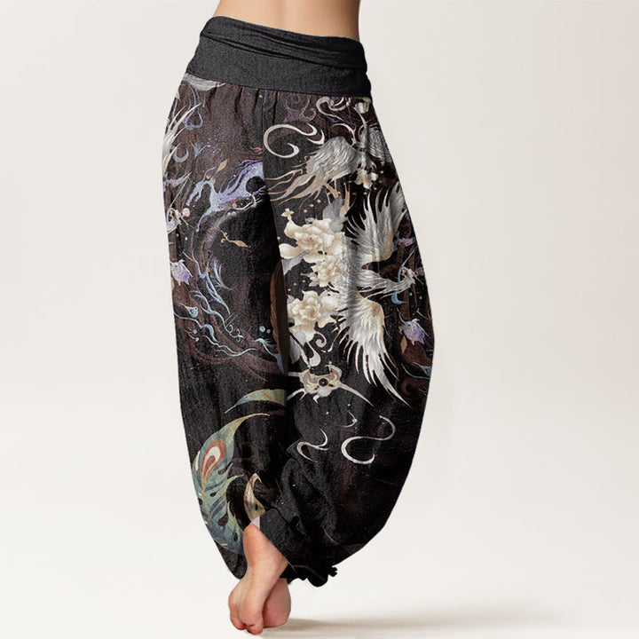 Pantalon sarouel taille élastique en pur coton avec motif de fleurs de phénix et Buddha Stones pour femme