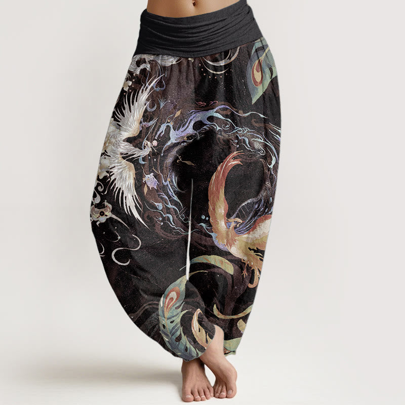Pantalon sarouel taille élastique en pur coton avec motif de fleurs de phénix et Buddha Stones pour femme