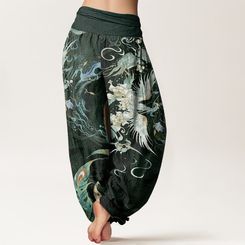 Pantalon sarouel taille élastique en pur coton avec motif de fleurs de phénix et Buddha Stones pour femme