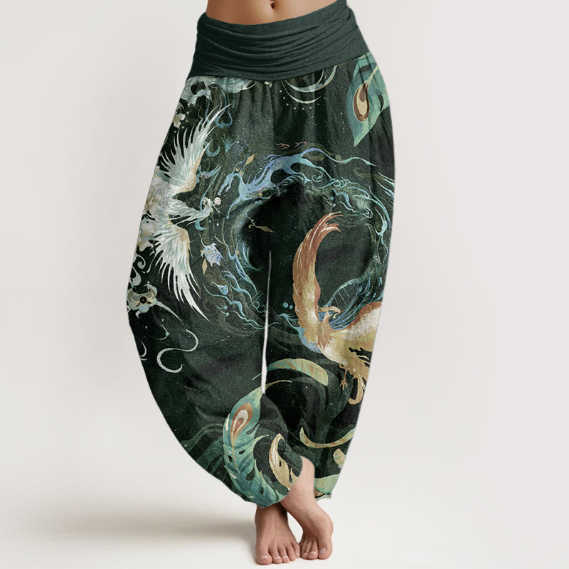 Pantalon sarouel taille élastique en pur coton avec motif de fleurs de phénix et Buddha Stones pour femme