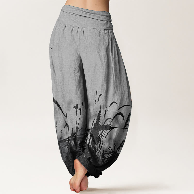 Pantalon sarouel taille élastique pour femme en pur coton avec motif d'herbe sauvage et Buddha Stones