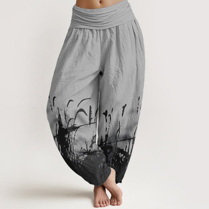 Pantalon sarouel taille élastique pour femme en pur coton avec motif d'herbe sauvage et Buddha Stones