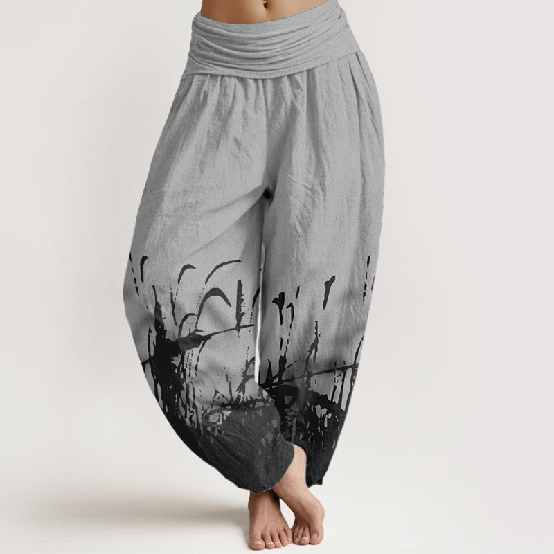 Pantalon sarouel taille élastique pour femme en pur coton avec motif d'herbe sauvage et Buddha Stones - Gris - US22，UK/AU26，EU54 (6XL) - image 0