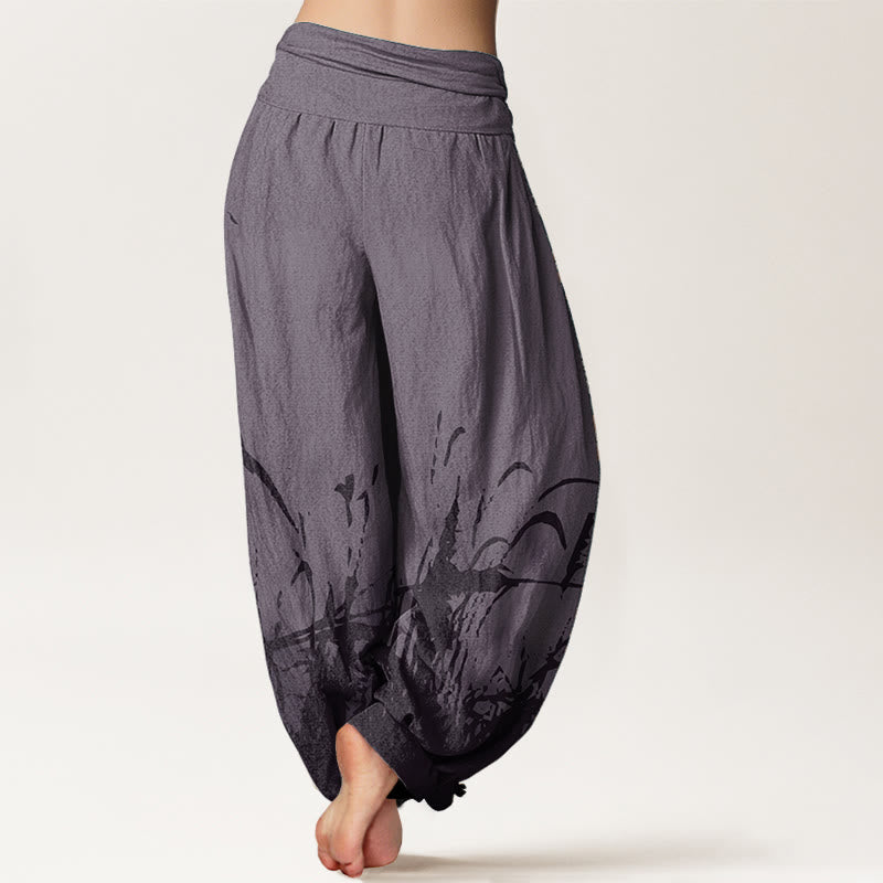 Pantalon sarouel taille élastique pour femme en pur coton avec motif d'herbe sauvage et Buddha Stones