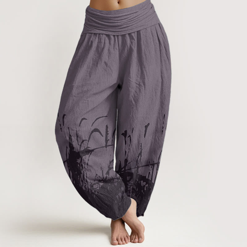 Pantalon sarouel taille élastique pour femme en pur coton avec motif d'herbe sauvage et Buddha Stones