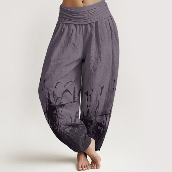 Pantalon sarouel taille élastique pour femme en pur coton avec motif d'herbe sauvage et Buddha Stones