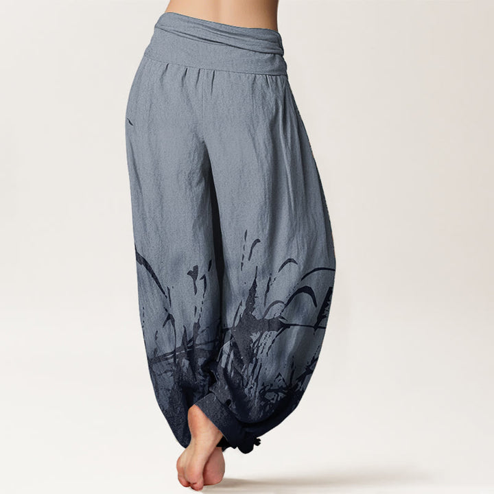 Pantalon sarouel taille élastique pour femme en pur coton avec motif d'herbe sauvage et Buddha Stones