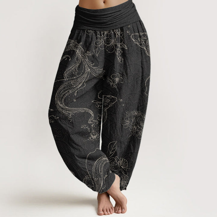 Pantalon Buddha Stones à taille élastique pour femme, motif floral de poissons koï, en pur coton, motif Buddha Stones - Noir - US22，UK/AU26，EU54 (6XL) - image 0